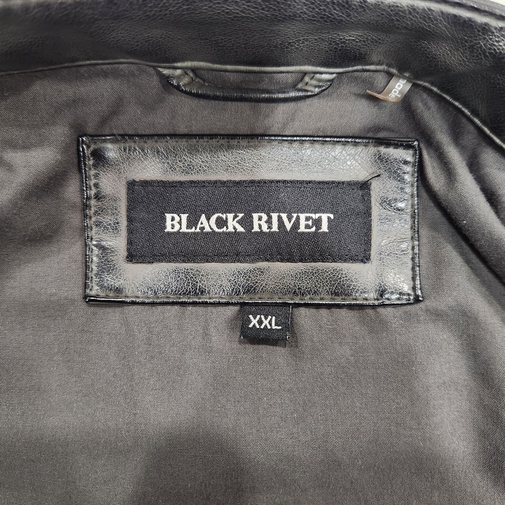 Black Rivet Faux Leather Jacket Mens XXL Black Biker Moto Coat Lined Ribbed - Picture 6 of 12